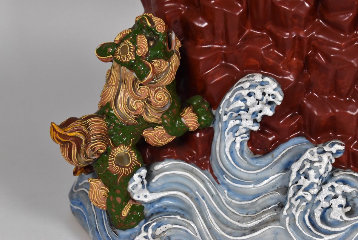時代物 古九谷 色絵金彩 海岸壁昇親子獅子置物 高さ約42cm 骨董/九谷焼
