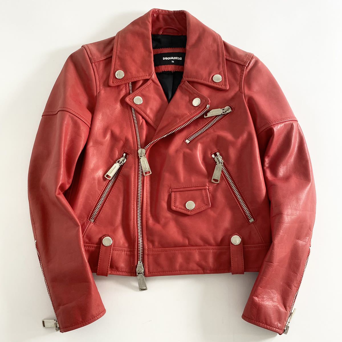 34ei30 DSQUARED2 ディースクエアード ダブルライダース ライダースジャケット レザージャケット 牛革 革ジャン 36 S相当 レディース 