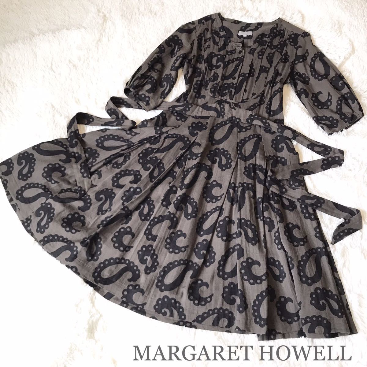 美品☆ MARGARET HOWELL マーガレットハウエル　ワンピース　ミディ丈　ひざ丈　サイズ2 M フレアワンピース 七分袖 コットン　Aライン