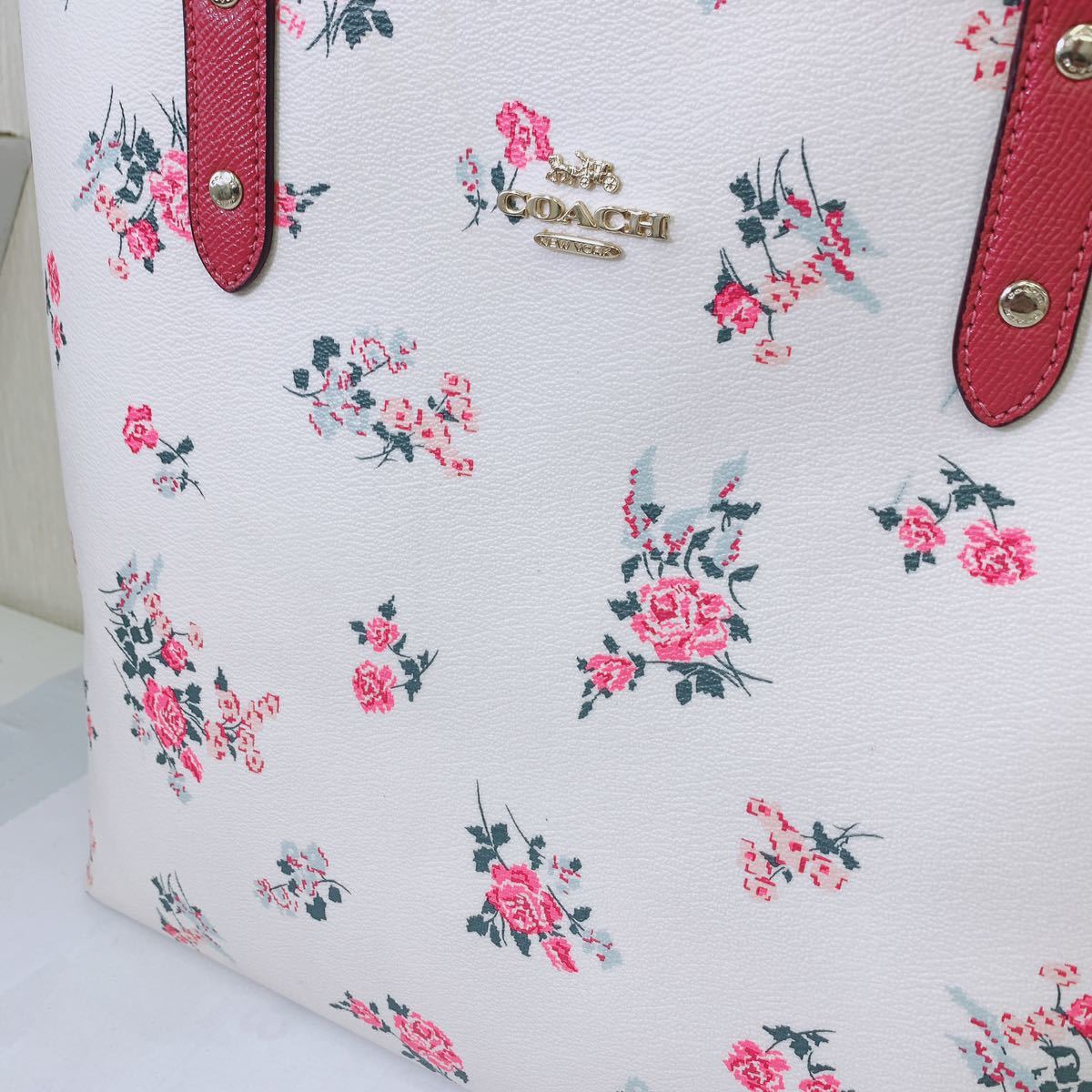 COACH コーチ レザー 本革 リバーシブル トートバッグ 単色 花柄 