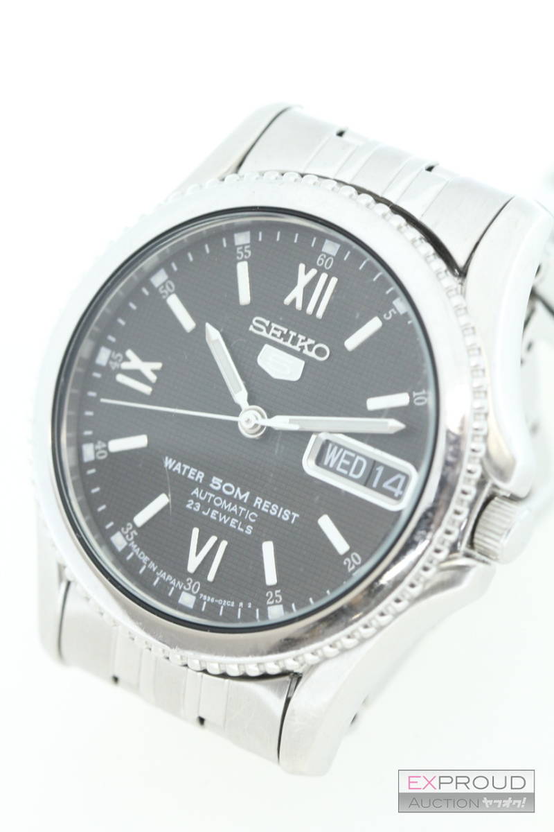 良品★S14 SEIKO セイコー5 AUTOMATIC 23JEWELS 7S36-01T0 裏スケ 自動巻き アラビア語&英語カレンダー 動作OK セイコー 3針式 デイデイト