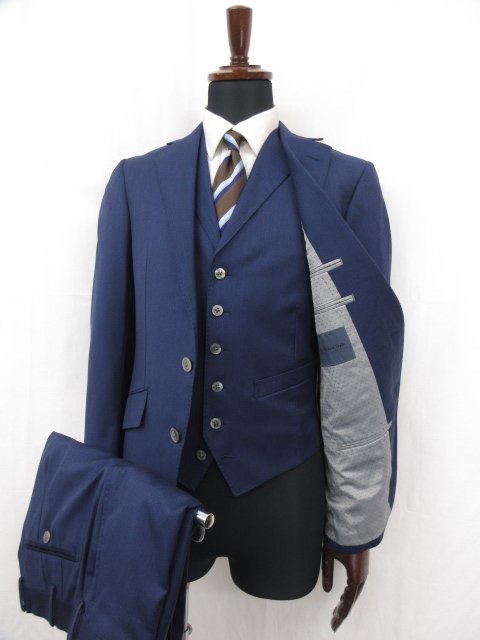 HH超美品 【GINZA Global Style 銀座グローバルスタイル】 カノニコ生地 2ボタン 3ピーススーツ(メンズ) size46相当 紺無地 ◎28RMS5157