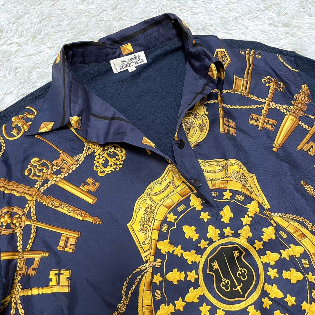 美品 エルメス HERMES LES CLES 鍵 シルク100% コットン カシミヤ 切替 