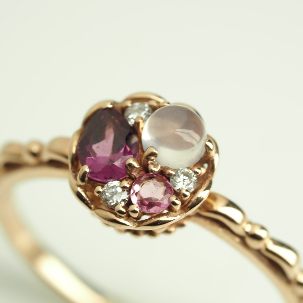 フォロー割り引き適用済み！素敵な宝石箱リング　K10PG 9号　アメジスト　ピンクトルマリン　ダイヤモンド　0.09ct ムーンストーン