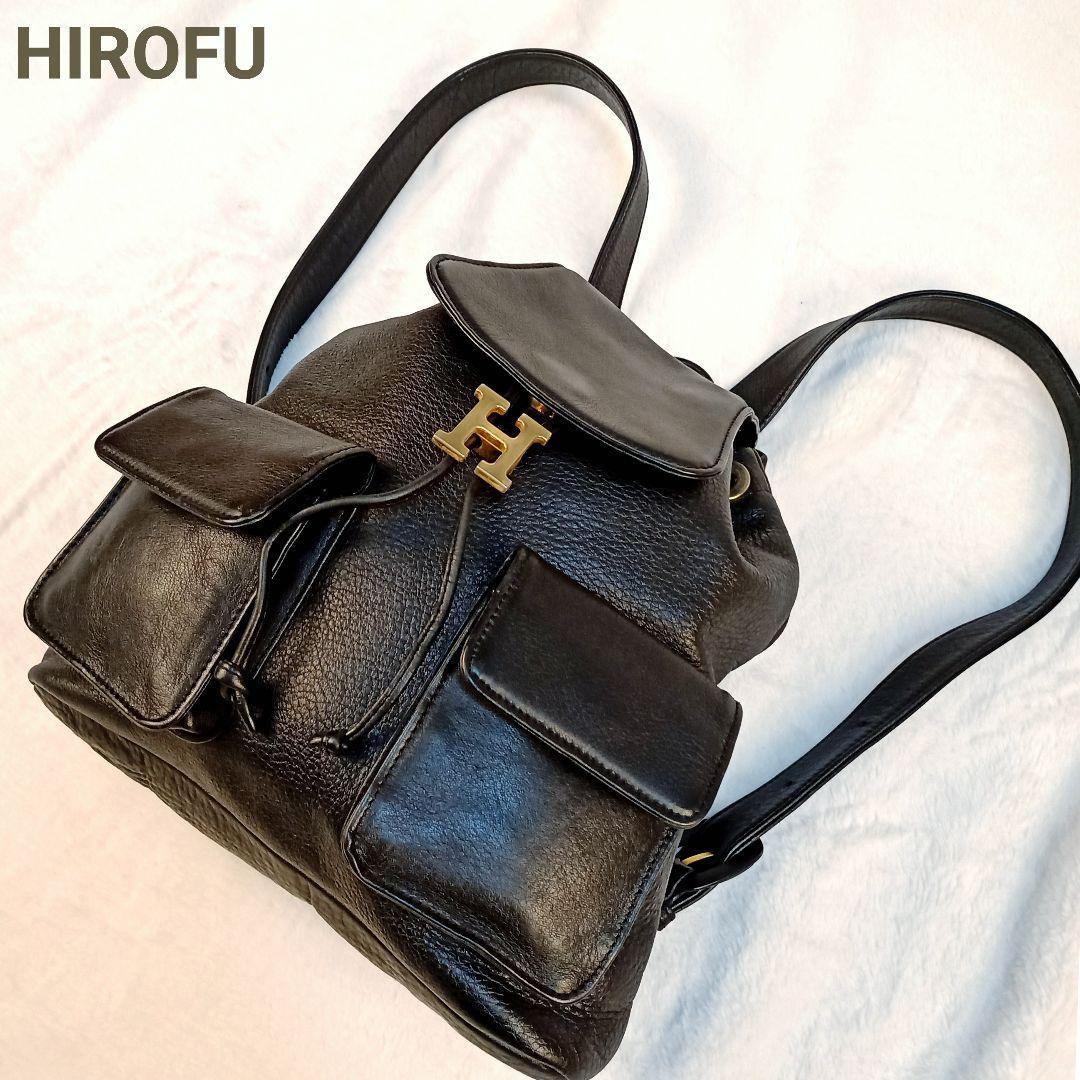 ヒロフ HIROFU*レザー 巾着 リュックサック デイパック バッグ 鞄*Hロゴ* 黒 ブラック ロゴ金具 バックパック 通勤 通学 男女兼用
