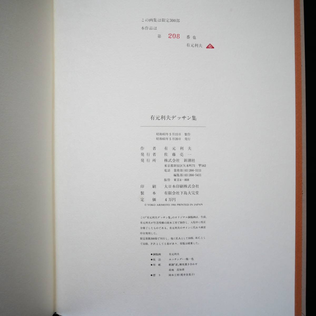 有元利夫 デッサン集 オリジナル銅版画入 限定300 / 図録 画集 有元利夫