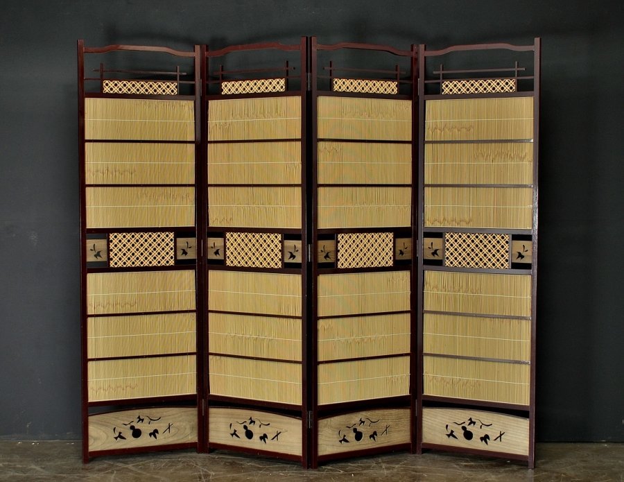 蔵A2258b】建具 折畳衝立 四曲御簾屏風 組子細工 葦パーテーション 美