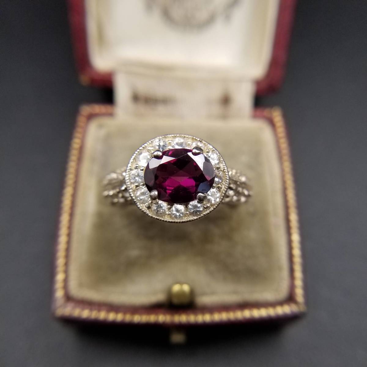 マゼンタ キュービックジルコニア エレガント 925 シルバー ヴィンテージ リング 指輪 銀 昭和レトロ オーバル 装飾 カクテルリング Y6-O④