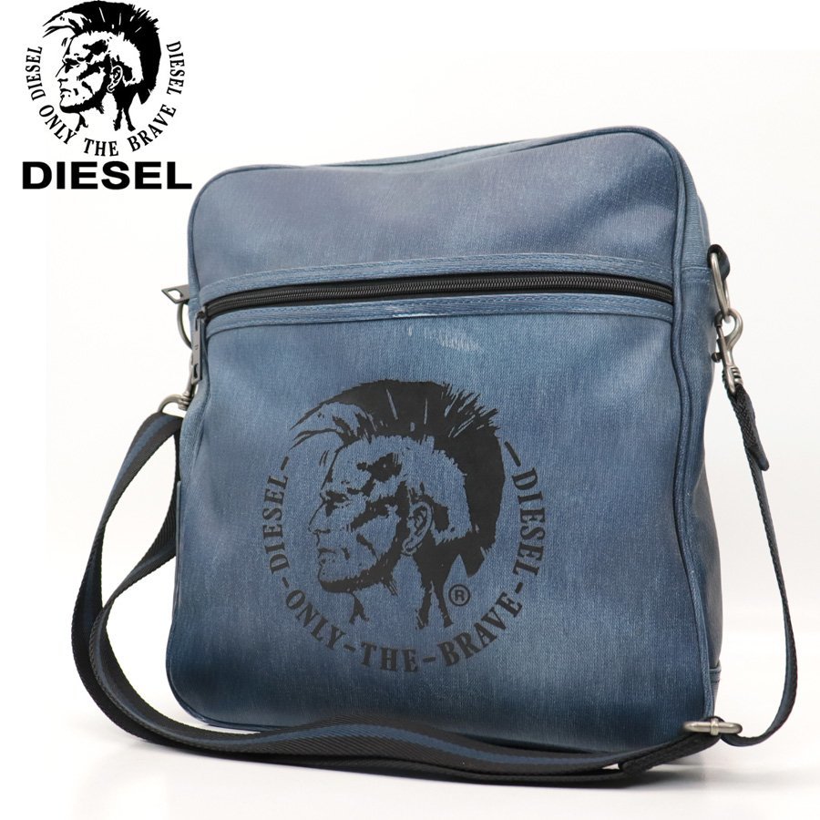 相場価格￥26，400- 美品 DIESEL ディーゼル 2012年モデル CHACHI デニム調 PVC ブレイブマンロゴ ショルダーバッグ ネイビー 紺-