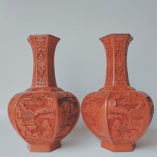 新品，送料無料 中国古玩 花瓶 漆器 六角一対堆朱 漆雕 彫刻細工