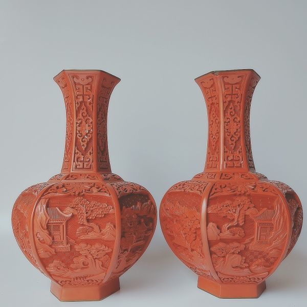 新品，送料無料 中国古玩 花瓶 漆器 六角一対堆朱 漆雕 彫刻細工