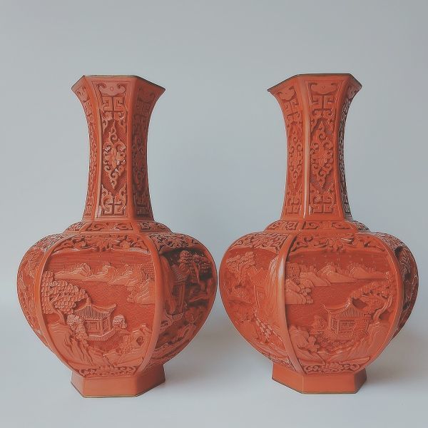 新品，送料無料 中国古玩 花瓶 漆器 六角一対堆朱 漆雕 彫刻細工