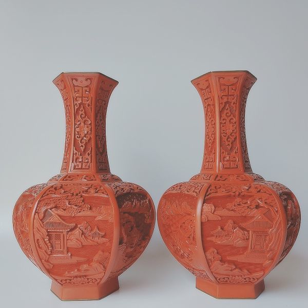 新品，送料無料 中国古玩 花瓶 漆器 六角一対堆朱 漆雕 彫刻細工