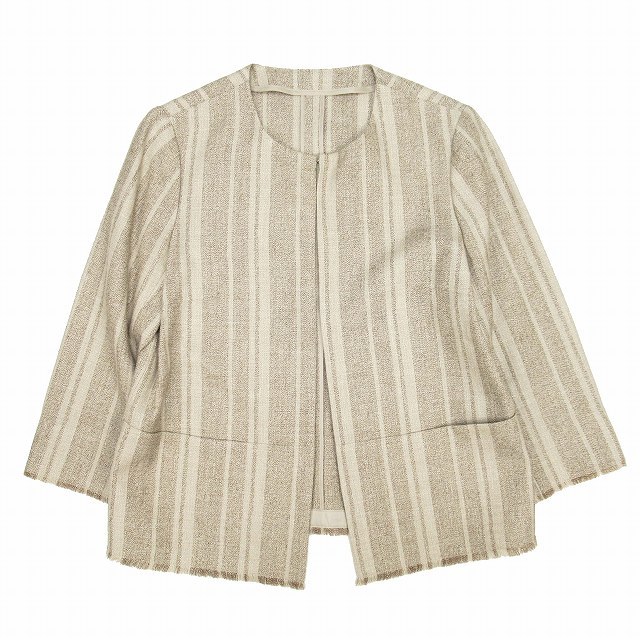 未使用品 レリアン × ロロピアーナ Leilian × Loro Piana ウール シルク リネン ノーカラー ジャケット ブレザー ブルゾン ストライプ
