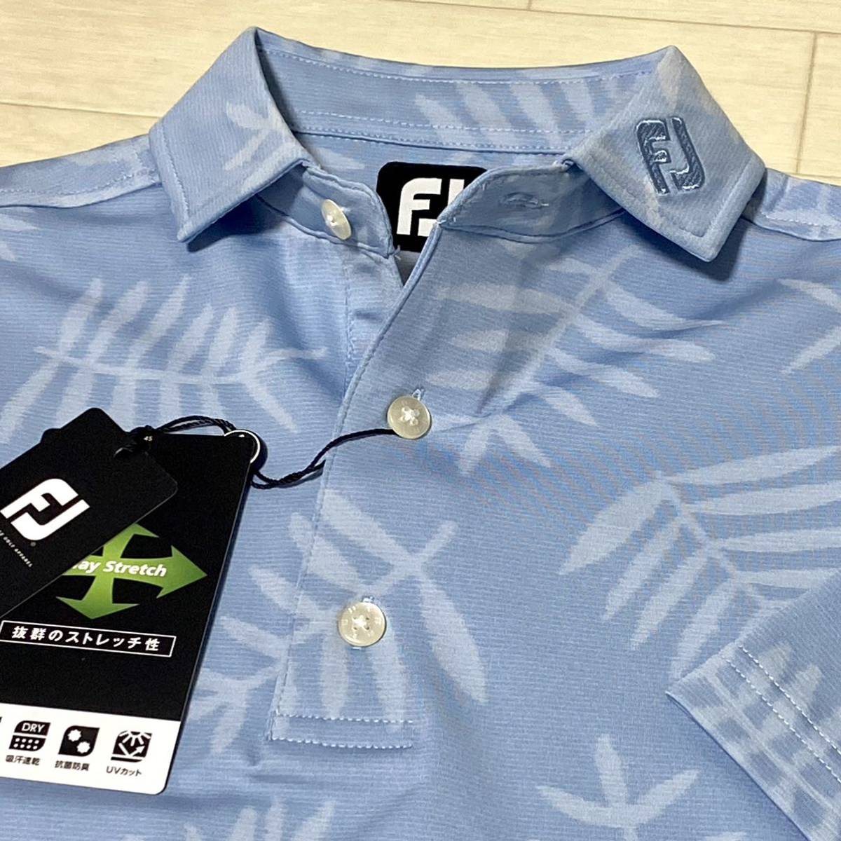 新品◆FootJoy フットジョイ パーム柄 吸汗速乾 4WAYストレッチ 半袖ポロシャツ/ダスクブルー/サイズ2XL/送料185円