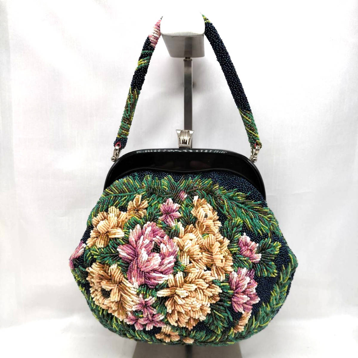 昭和レトロ がま口バッグ ビーズバッグ ネイビー系×花柄 手刺繍