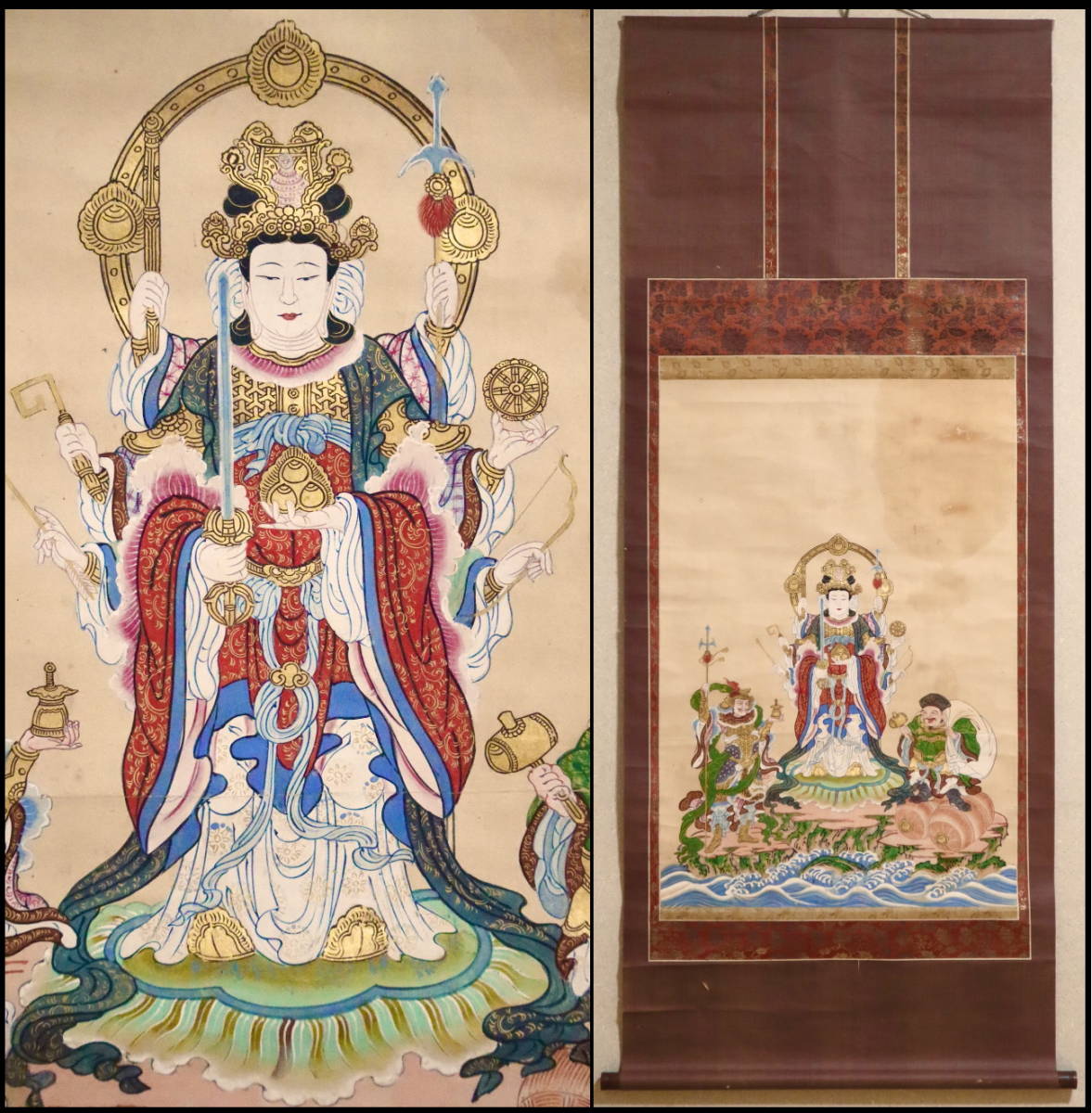 【模写】宮城　仙台藩 『奥州金華山出現之図』 八臂弁財天　多聞天　無落款　掛軸　仏画　紙本