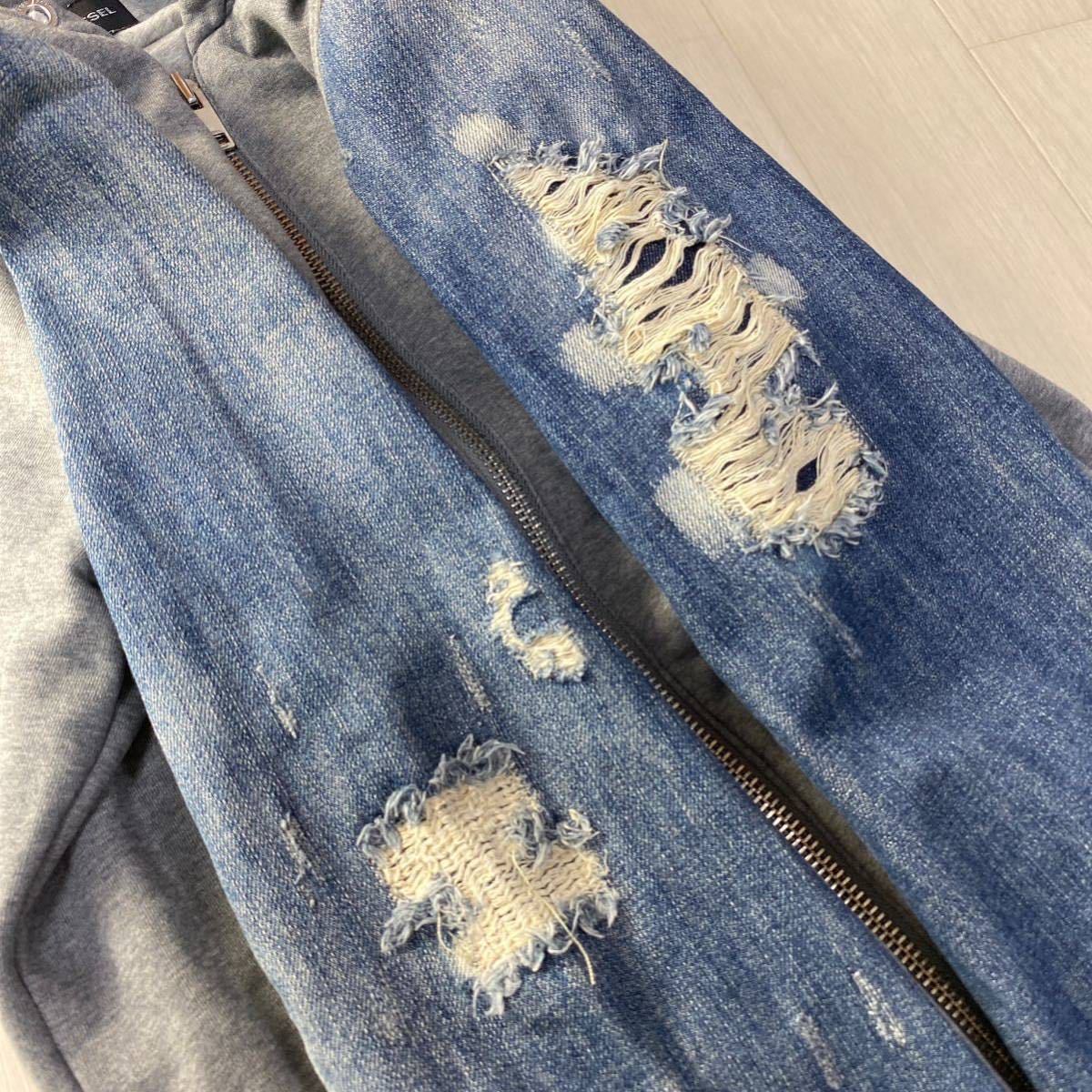 ディーゼル/DIESEL】袖ダメージ加工デニム☆ 異素材切替え コンビ  