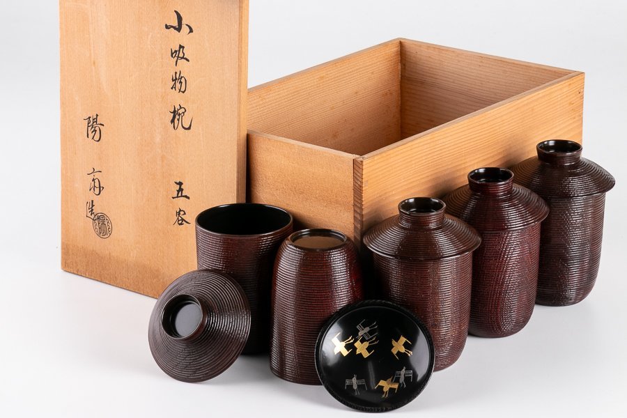 作家物】『 岡本陽斎 糸目小吸物椀 5客セット 共箱 16676 』料亭