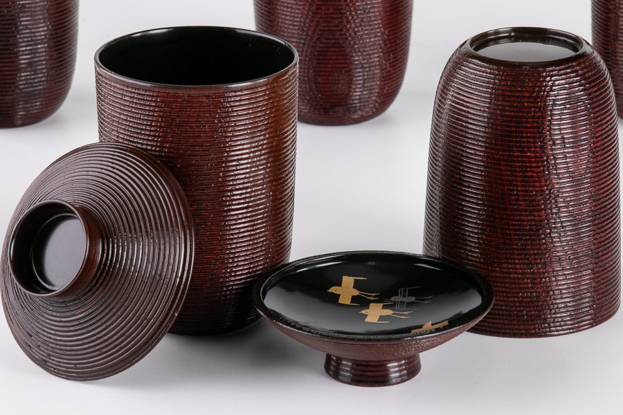 塗師 岡本陽斎造　糸目三色 小吸物椀 五客　美品　共箱　茶道　懐石　送料込 作家物】『 岡本陽斎 糸目小吸物椀 5客セット 共箱 16676 』料亭