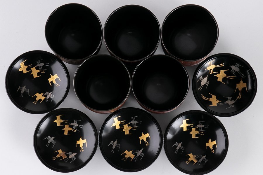 塗師 岡本陽斎造　糸目三色 小吸物椀 五客　美品　共箱　茶道　懐石　送料込 作家物】『 岡本陽斎 糸目小吸物椀 5客セット 共箱 16676 』料亭