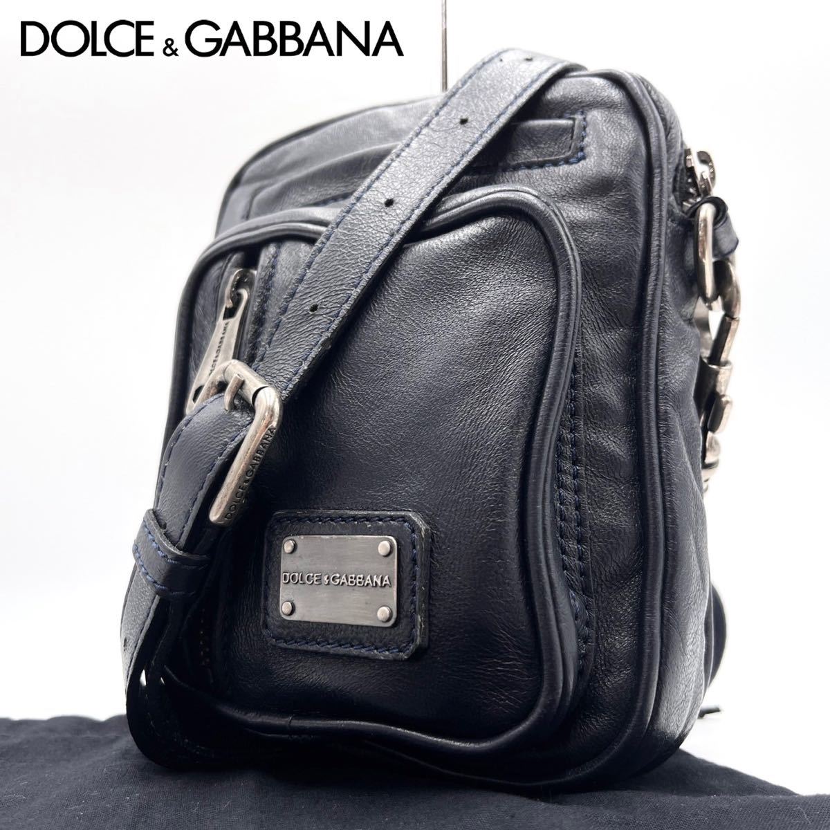 ドルチェ&ガッバーナ●ショルダーバッグ DOLCE&GABBANA ショルダーバッグ クロスボディ サコッシュ メンズ レザー ロゴプレート ネイビー