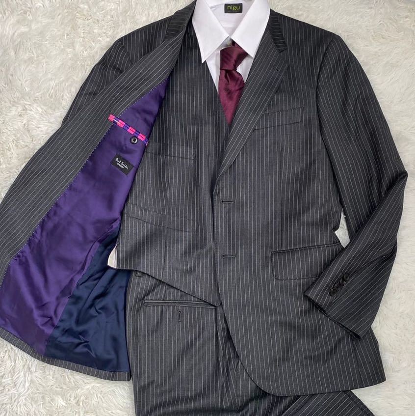 1円 3ピース ポールスミス ロンドン Paul Smith ゼニア スーツ セットアップ スリーピース ストライプ グレー ビジネス メンズ L シングル
