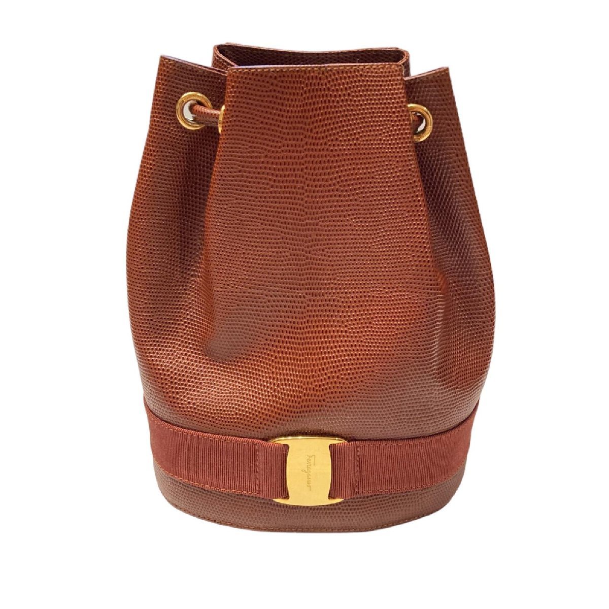 美品 Salvatore Ferragamo フェラガモ ヴァラリボン 型押し 巾着 リュック ブラウン デイパック