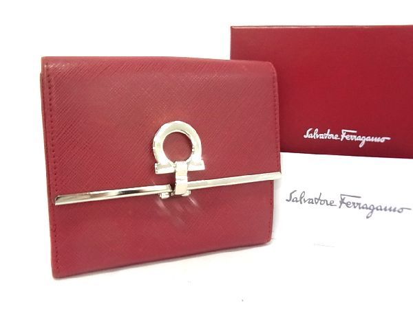 1円 SalvatoreFerragamo サルヴァトーレフェラガモ JL-21 4633 ガンチーニ レザー 二つ折り 財布 ウォレット レッド系 BD9659