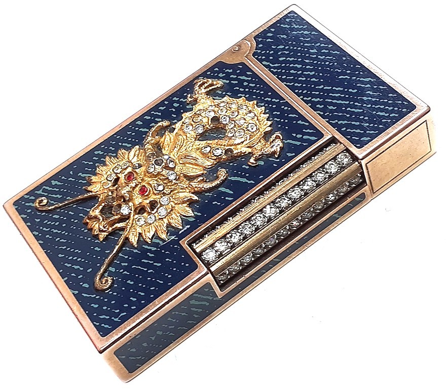 ☆S.T.Dupont デュポン ローラーガス装飾ライター《龍図》青緑色 《着火未確認》ジャンク扱い 中古☆