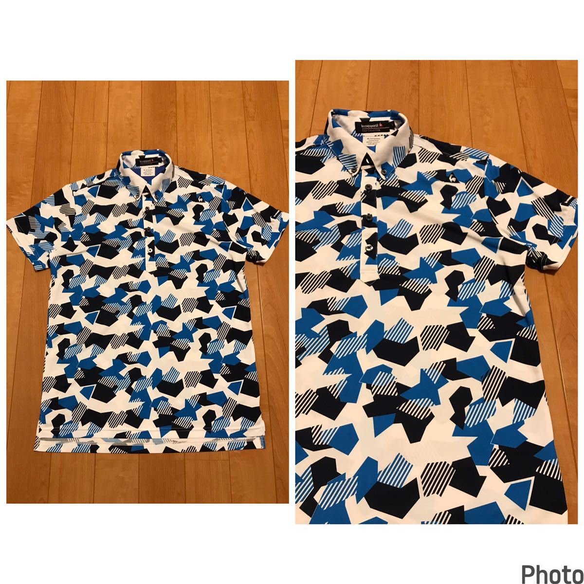 美品☆ルコック.ゴルフコレクション　サイズL 半袖BDポロシャツ・快適速乾ドライ　迷彩カモフラ調.アートデザイン総柄 両面ロゴ入&パッチ付