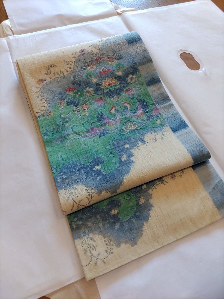 工芸袋帯 絵絣 双鳥花文 真綿紬 自己紹介欄必読 真綿紬