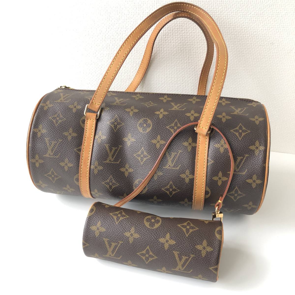 神100-329★ 良品 ルイ ヴィトン LOUIS VUITTON ポーチ付 モノグラム パピヨン 30 M51385 ブラウン 筒型 ハンドバッグ レディース 親子
