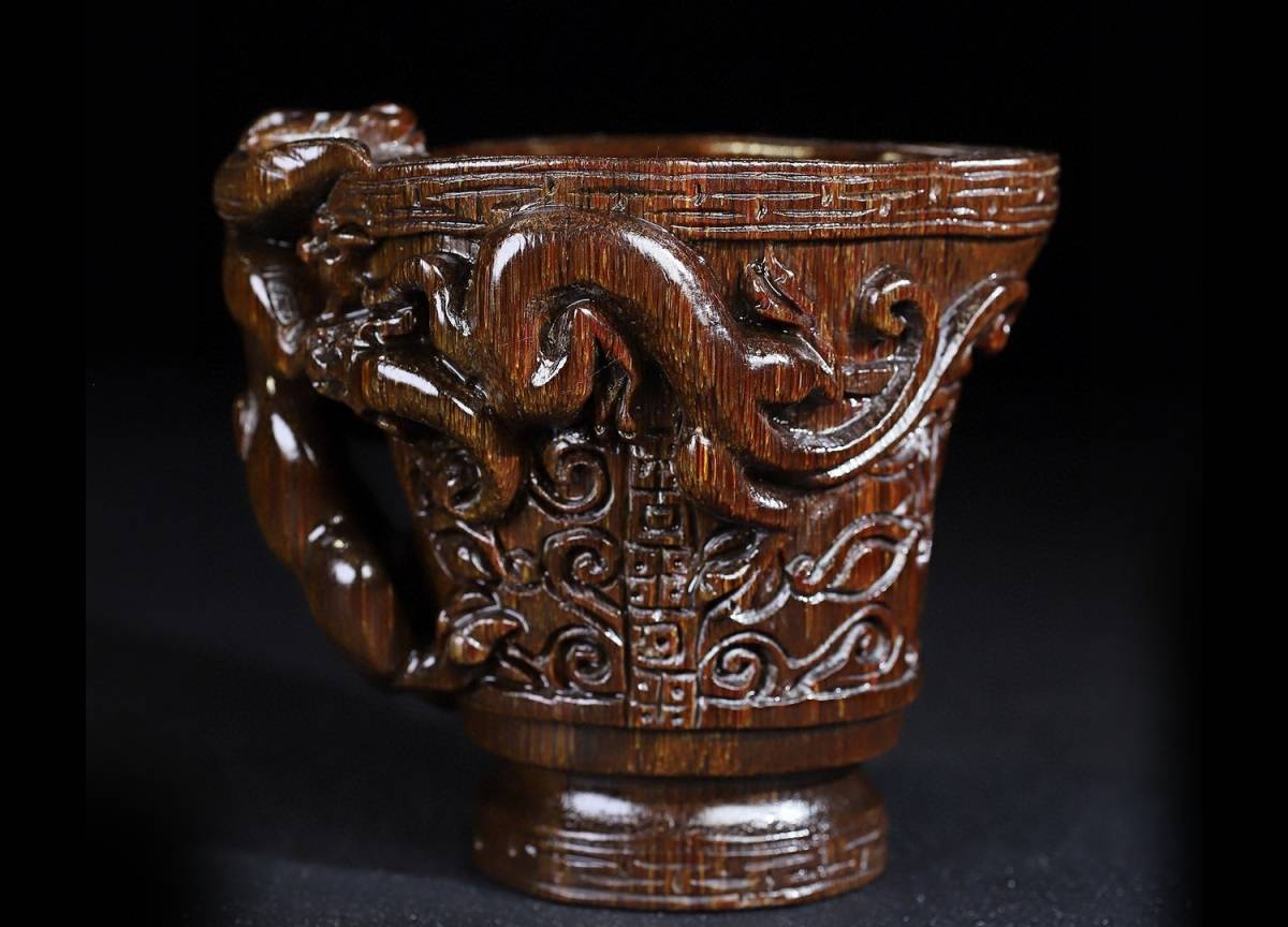 M◆明神◆極上珍品・中国・清時代・古獣材彫・獣紋爵杯・手彫り・置物・中国古美術・古董品・古彫件　
