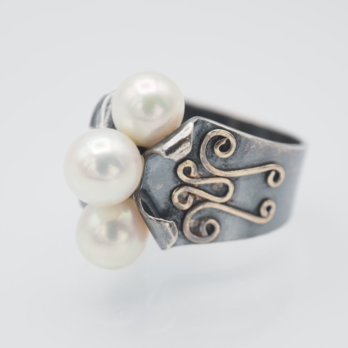 E430 あこや真珠 パール 6.8mm珠 SILVER刻印 リング デザイン シルバー 指輪 12号 ヴィンテージ 6月誕生石