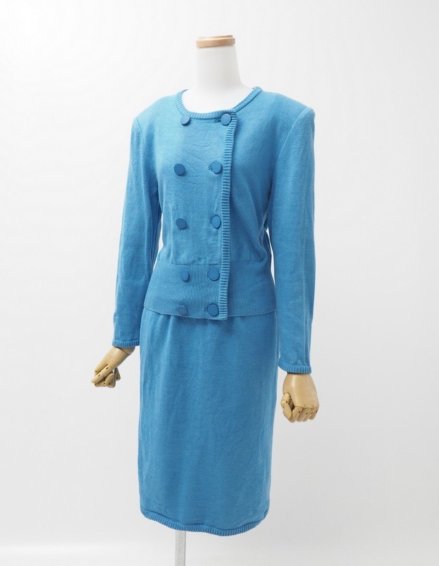 TG1412▲セットアップ*イヴサンローラン*コットン*シルク混*クルーネック*ニットカーディガン*ウエストゴム*ひざ丈*タイトスカート*ブルー