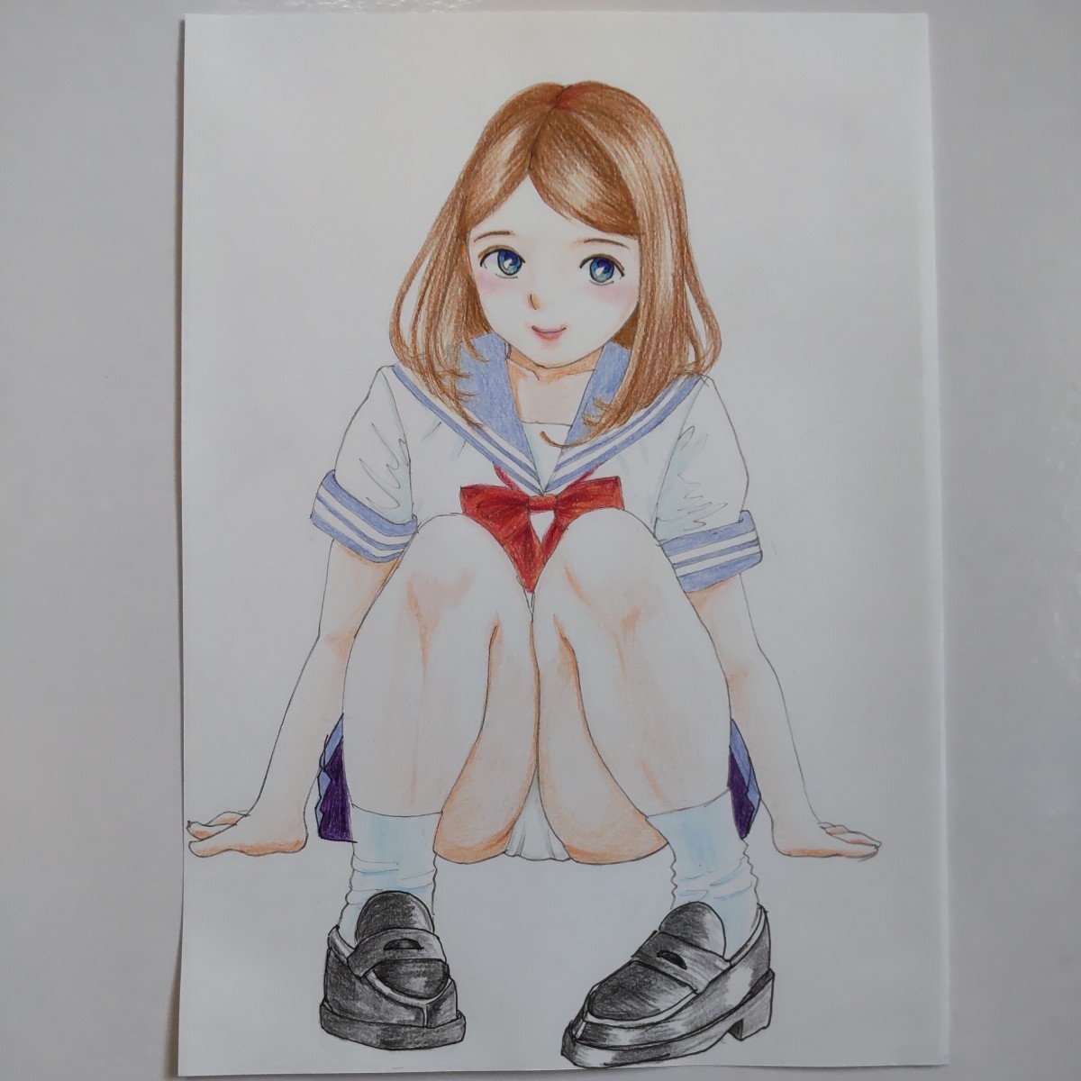 手描きイラスト 原画B5サイズ 色鉛筆画 夏セーラー服(手描きイラスト