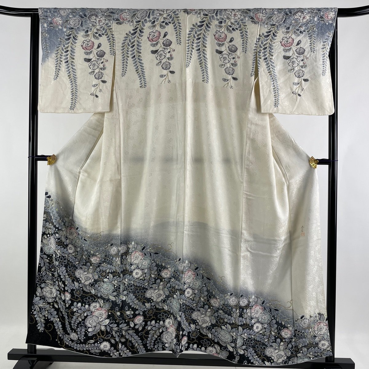 訪問着 名品 落款 辻が花柄 金彩 染め分け クリーム 袷 身丈154cm 裄丈66cm M 正絹 【中古】