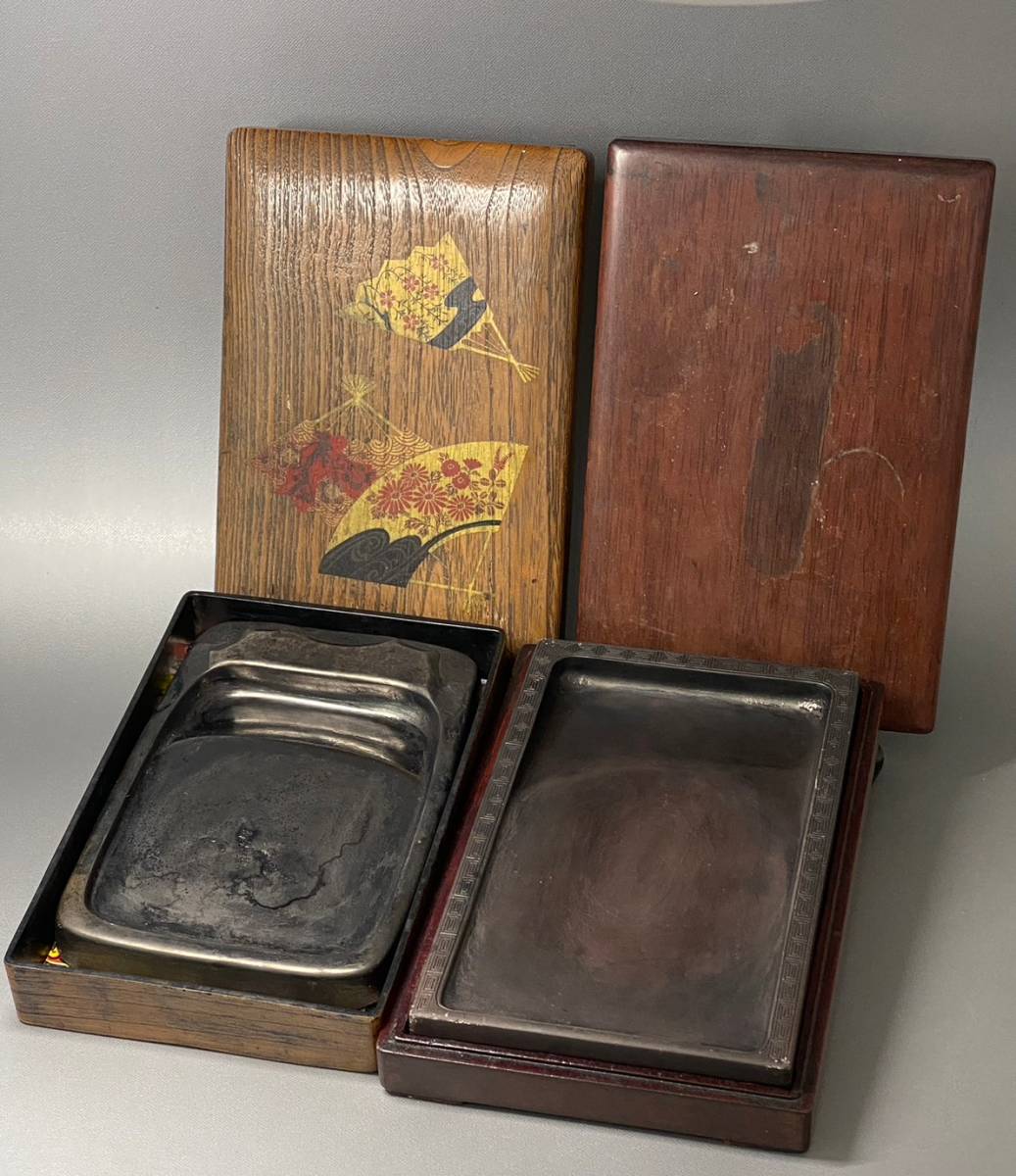 硯台　書道具　中国美術　置物　古美術品　 細密細工　骨董　アンティーク　彫刻 安い，人気SALE 時代物 硯 若田石 源照作 他1点 習字道具 書道