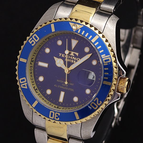 1円 稼働 良品 テクノス QZ TAM629 エアーダイバー2 ネイビー文字盤 デイト ラウンド メンズ腕時計 NBY0727 2385000KYM