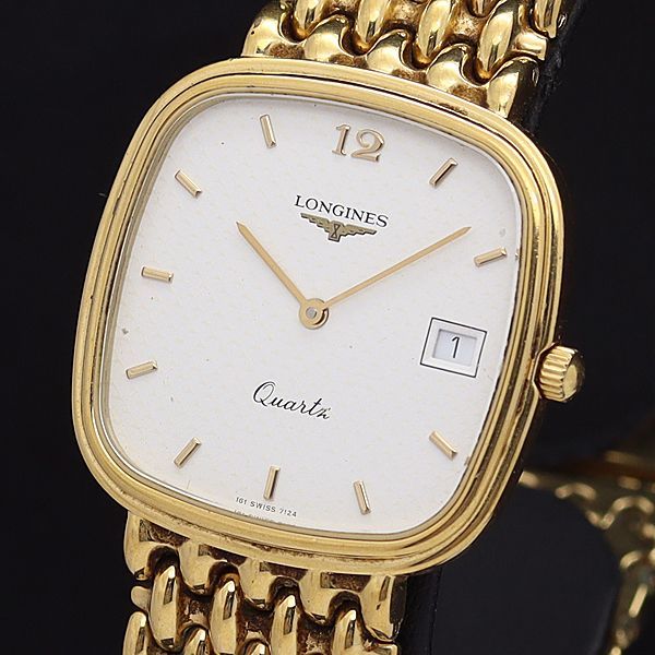 1円 稼働 ロンジン QZ 7124 フラグシップ 白文字盤 デイト スクエア メンズ腕時計 XYZ 7716000NKG