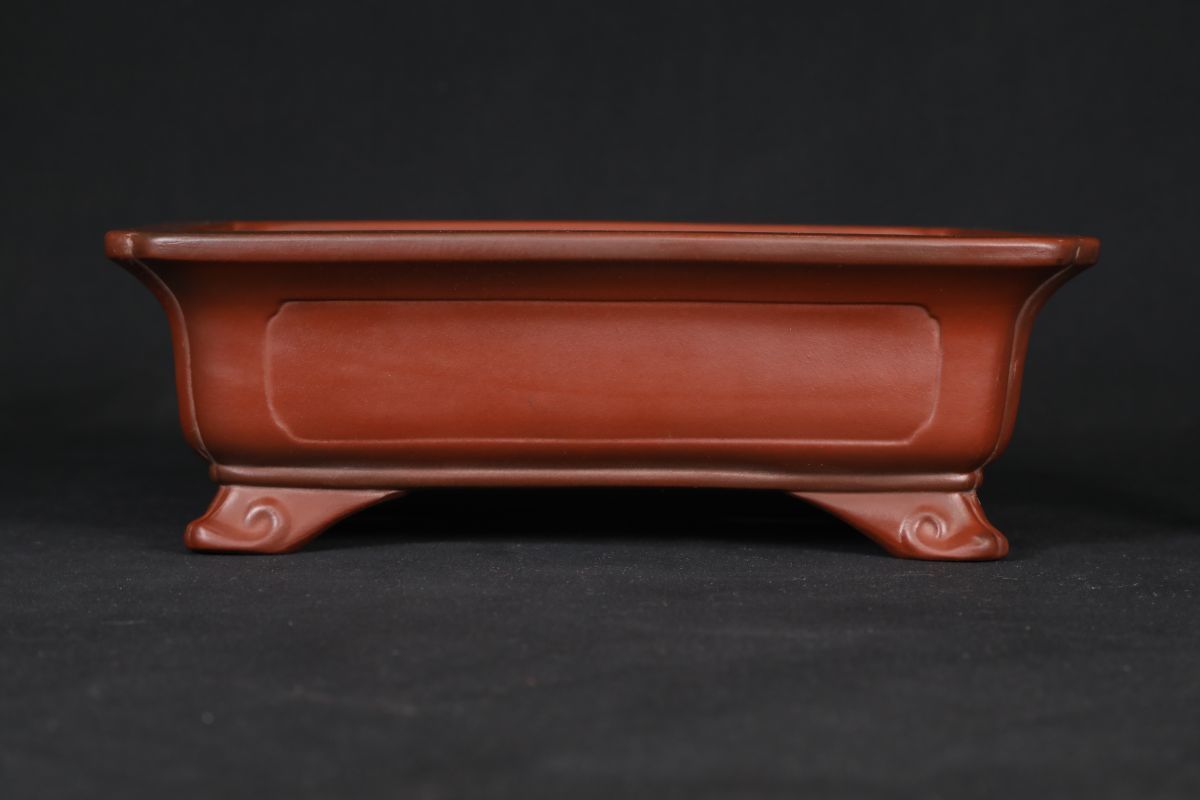 【石井盆栽】内閣総理大臣賞受賞作家 平田美芸作「美芸朱泥外縁隅入窓入下紐雲足長方鉢」土目抜群 泥味最高 間口約25.3cm[Y2023080507]