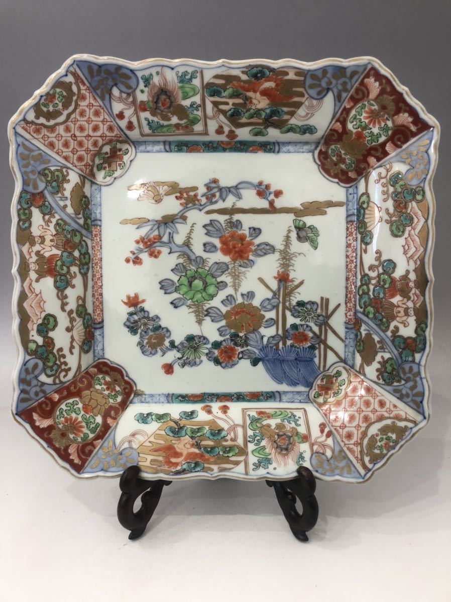 伊万里・食器・皿］江戸後期 献上伊万里 古伊万里色絵金彩花鳥鶴亀文四方