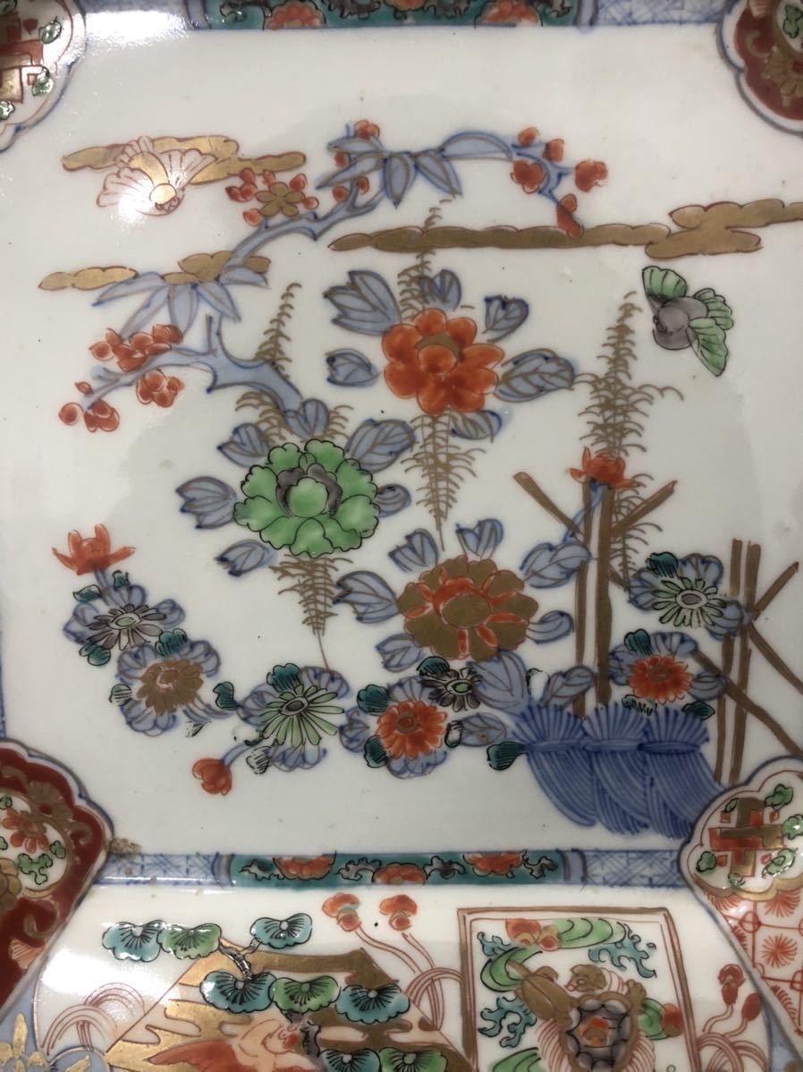 伊万里・食器・皿］江戸後期 献上伊万里 古伊万里色絵金彩花鳥鶴亀文四方