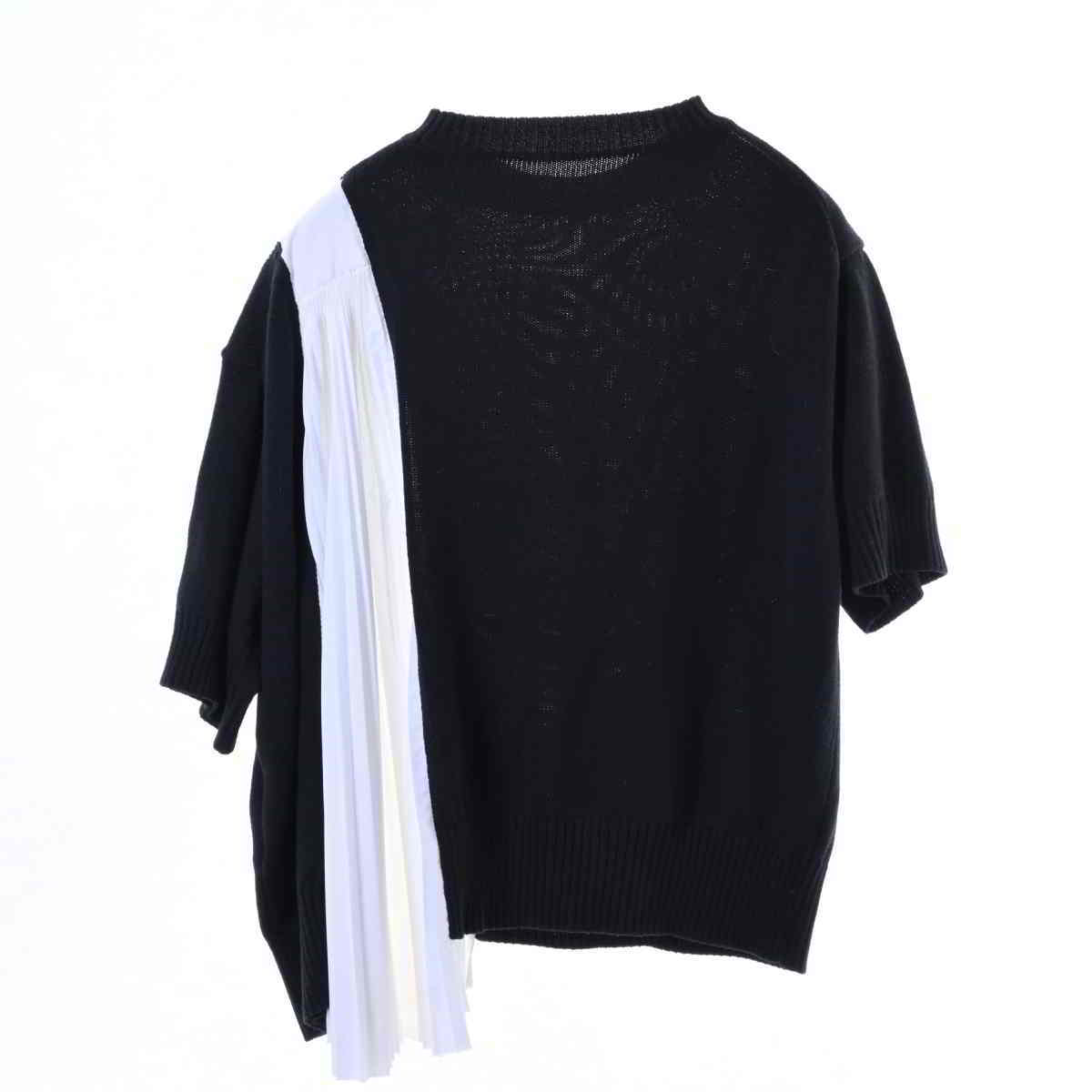 sacai ドッキング　異素材　半袖ニット　ゼブラ柄　黒　プリーツ　隠れロゴ sacai ドッキング 異素材 半袖ニット ゼブラ柄 黒 プリーツ 隠れロゴ