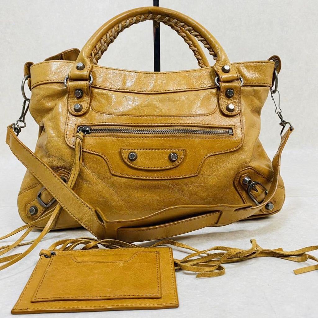 BALENCIAGA バレンシアガ シティ スモール 2way ミラー付き ハンドバッグ 肩掛け ワンショルダー レザー シワ加工 イエロー系 イタリア製