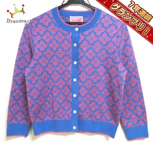 ケイトスペード Kate spade カーディガン サイズS - ブルー×ピンク レディース 長袖/フラワー(花)/ラメ 美品 トップス