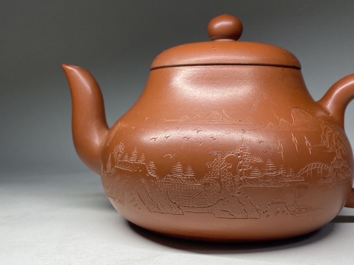72 京都旧家 煎茶道具 唐物 楼閣山水漢詩彫紋様 朱泥急須紫砂