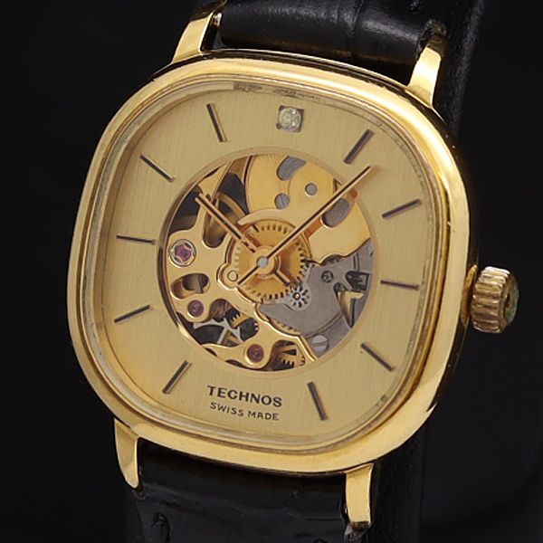 1円 稼働 良品 テクノス 手巻き 17石 ゴールド×スケルトン文字盤 石付 裏スケ スクエア レディース腕時計 0583000SMD