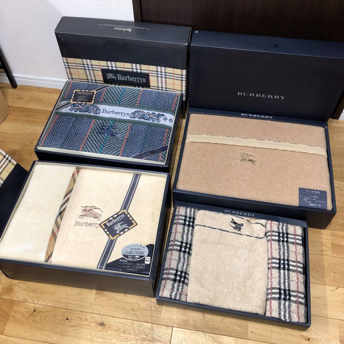 3136-2　BURBERRY　バーバリー　ウール毛布　タオルケット　バスタオル　4点　寝具　